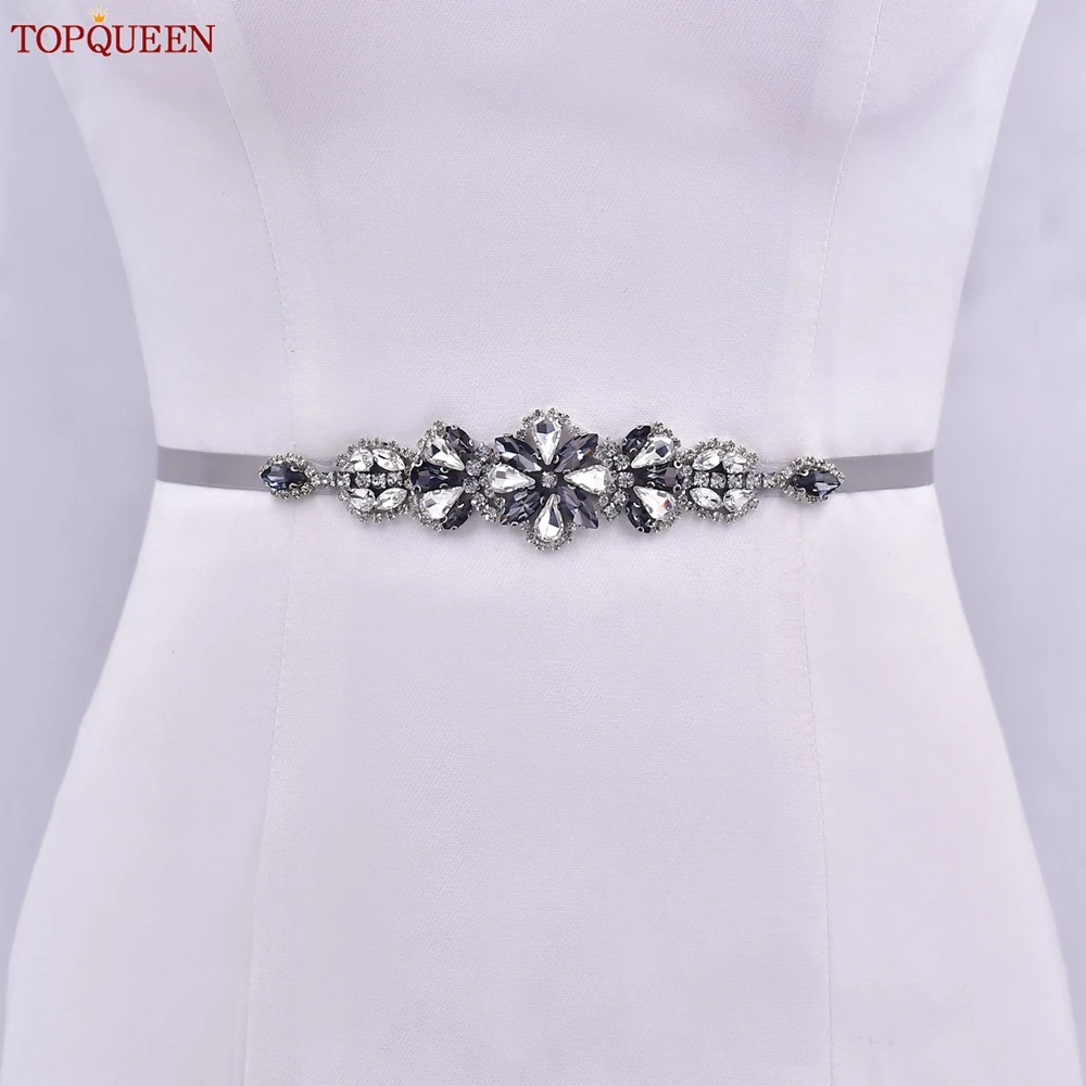 TOPQUEEN Hot Sale Bridal Belt And Sash Gray Diamond Wedding Belt Clothing Applique Accessories Holiday Gift S464-H