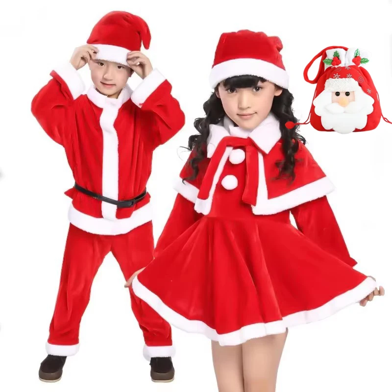 Girl Boy Christmas Costumes Red Santa Claus Children Warm Christmas Party Suit Christmas Kids Clothes