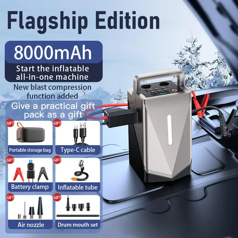 4in1 Car Battery Charger 12V 24V Power Bank Blower Car Tire Inflation Air Pump Compressor 12000mAh Portable Car Jump Starter