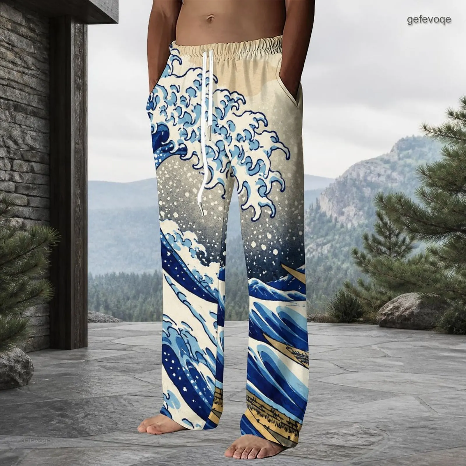 Men Printed Drawstring Waist Full Length Straight Leg Pants, Yellow Brown Tropical Palm Sailing Ship Beach Pattern Trousers