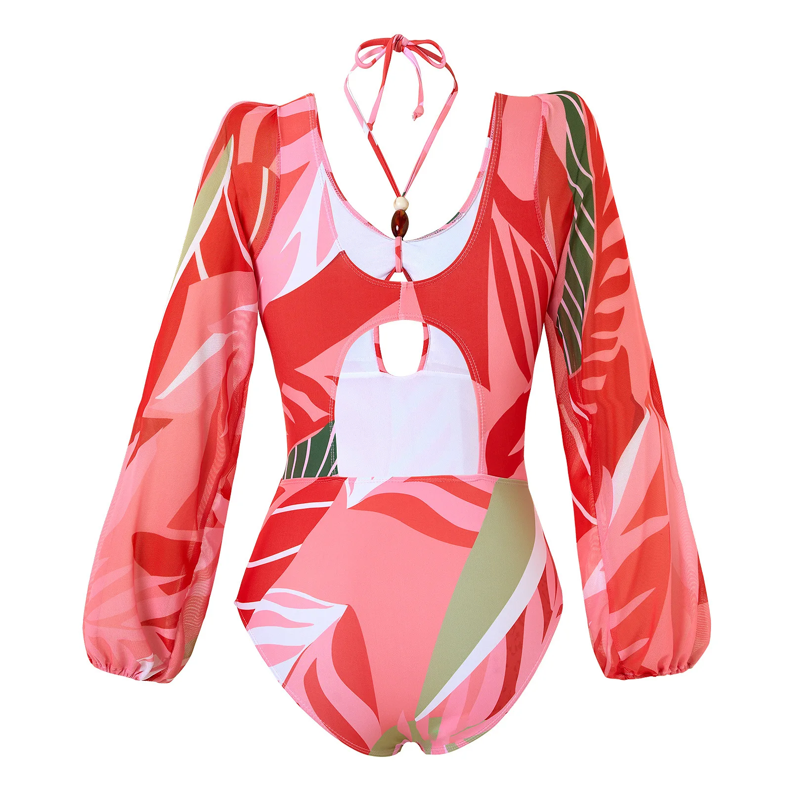 Costume da bagno stampato con foglie rosse con copricostume da bagno sexy da donna 2025 Costumi da bagno con scollo all'americana con maniche a sbuffo Costumi da bagno