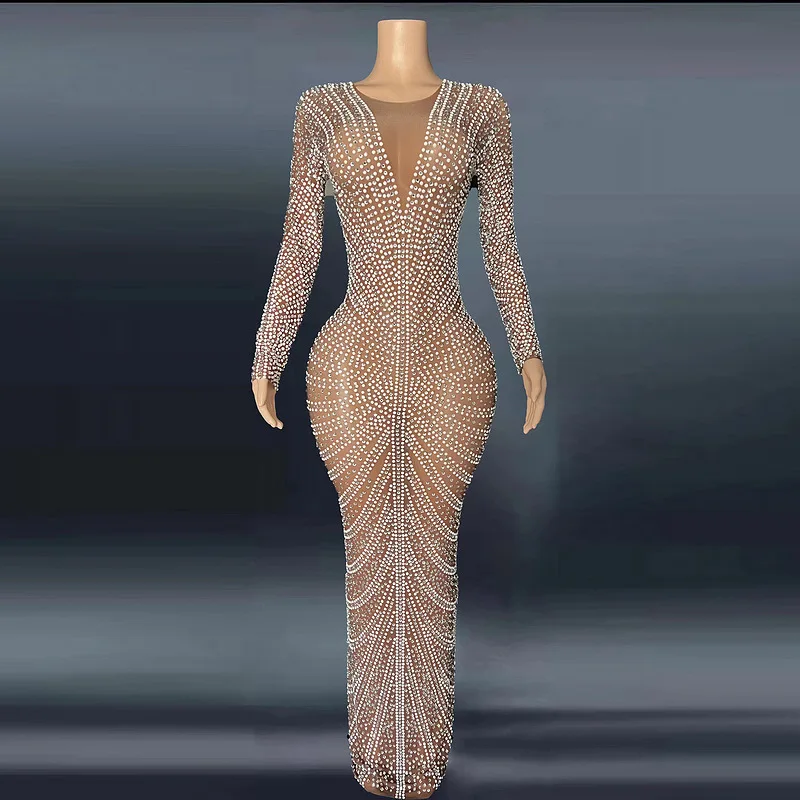Robe de soirée personnage diamant brillant à manches longues robe longue femme réunion annuelle robe de mode Luxo Elegante Festa Longa