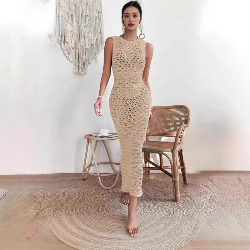 

Beach Knit Maxi Dress, Sexy Backless Lace-Up Gown Sling Halter Summer Holiday Wear