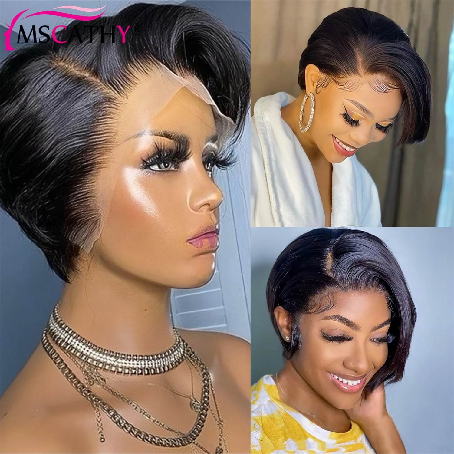 Put On and Go Pixie Cut Bob Wig Human Hair Pre Plucked L Part Transparent Lace Front Brazilian Remy Human Hair Wig Natural Color