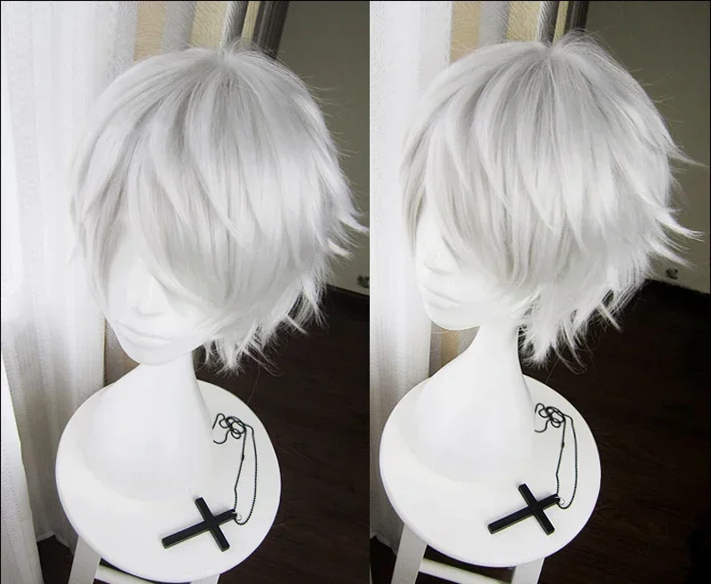 Pelucas sintéticas de Anime Tokyo Ghoul Kaneki Ken, peluca corta plateada blanca resistente al calor para Cosplay del pelo