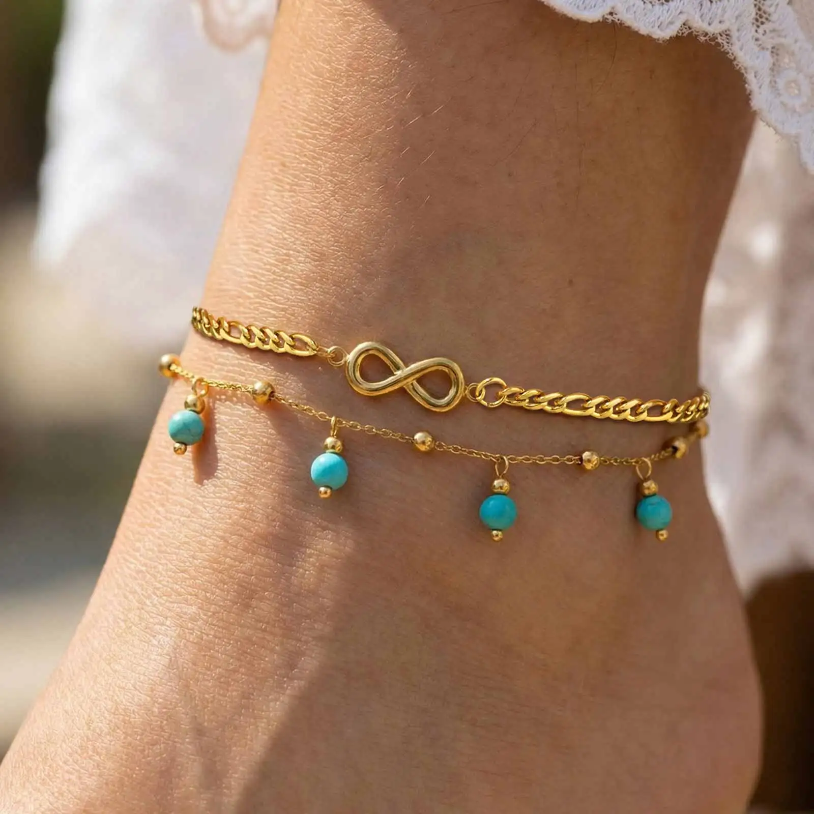 Vnox New Boho Double Layered Infinity Female Anklet Stainless Steel Gold Plated Anklet Jewelry Summer Beach Foot Accessories