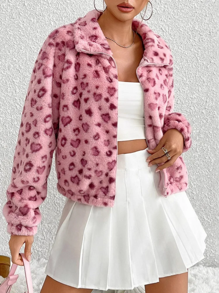 Flash Fleece Women's Winter Coat Zipper Long Sleeve Valentine's Day Heart Leopard Print Plush Jacket Fluffy Outerwear