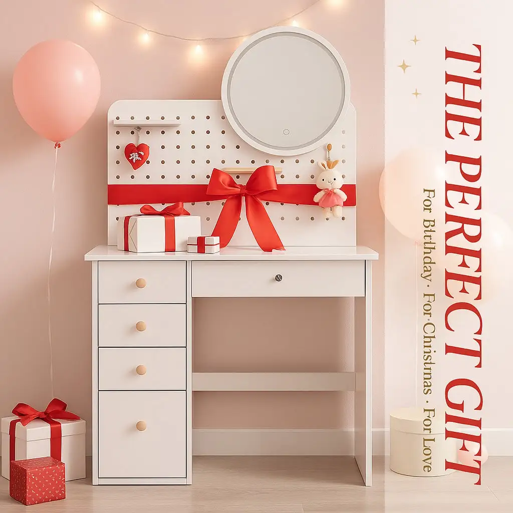 

Modern vanity features LED illuminated round mirror, adjustable pegboard organizer, spacious storage drawers