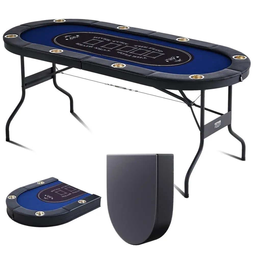 

8 Player Foldable Poker Table Stainless Steel Padded Rails Cup Holders Portable Folding 72 Oval Casino Leisure Table Blue