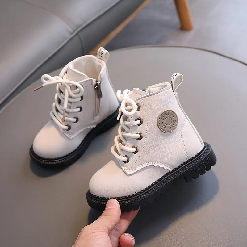 

Autumn Winter Boys Soft Leather Non Slip Boots Girls Single Boots Baby Lace Up Zipper Boots Children Fashion British Style Boots