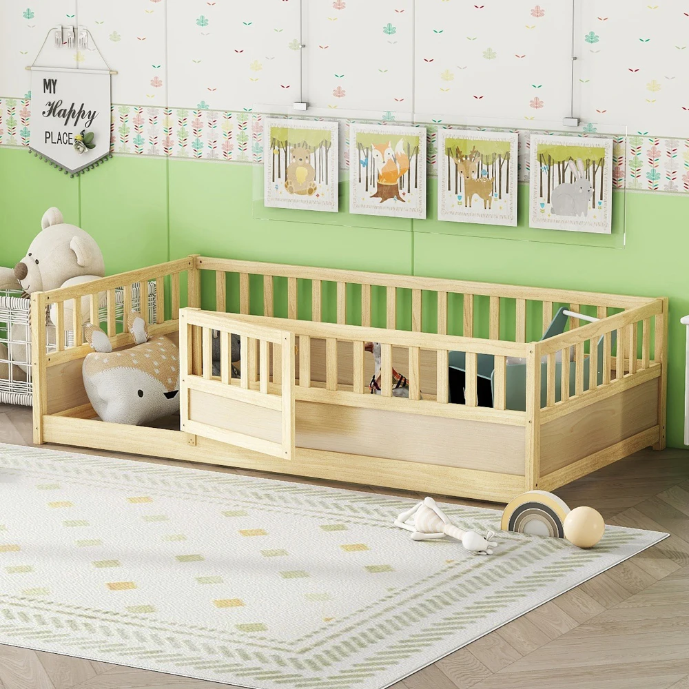 Twin Size Floor Bed, Integral Construction With Super High Security Barrier, Door, Children's Floor Bed Frame