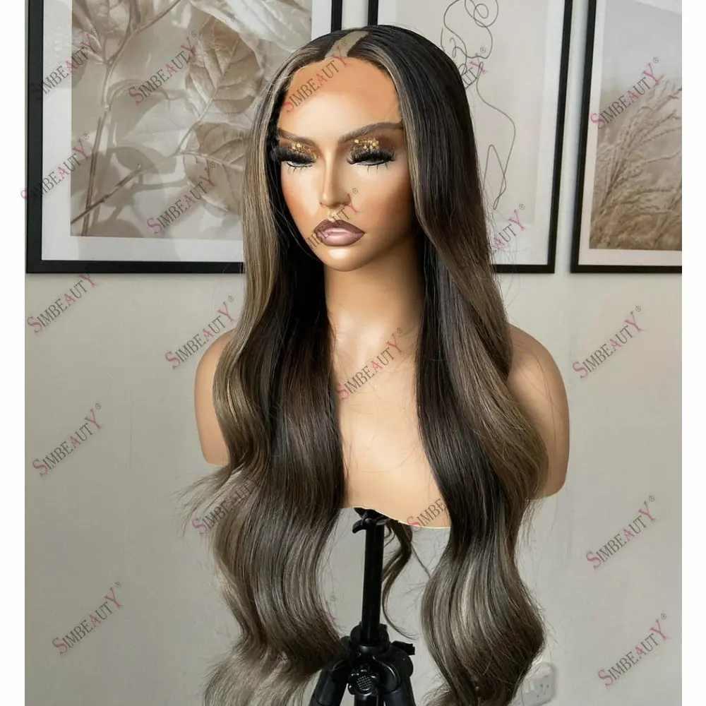 28'' 150Density Slightly Wave 1x4 Size U Part Wig Human Hair with Clips Brown Hightlight Ash Blonde Left/Right/Middle V Part Wig