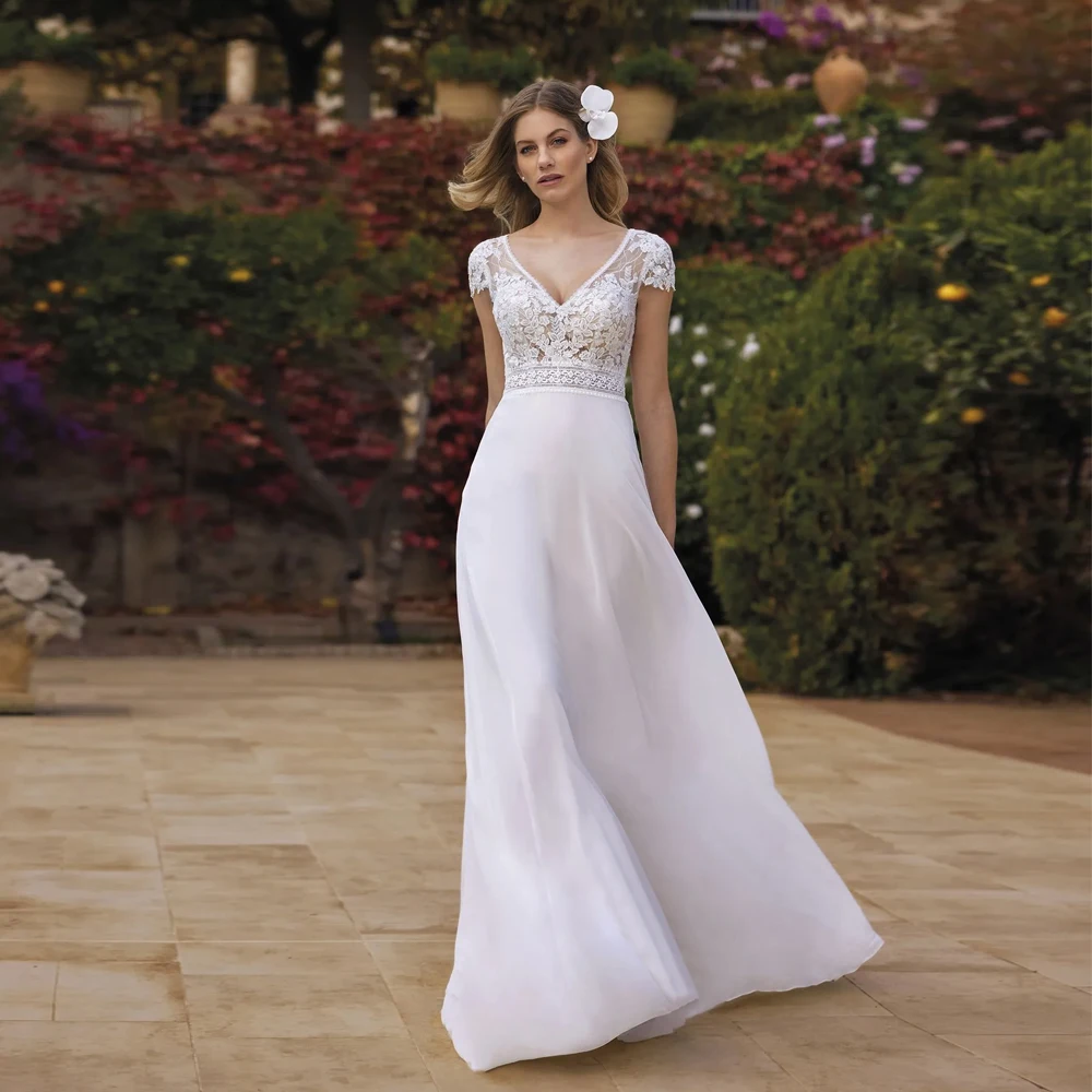 Classic V Neck Wedding Dresses A Line Bridal Grown Short Sleeves Customized Applique Lace Zipper Back Illusion Vestidos De Novia