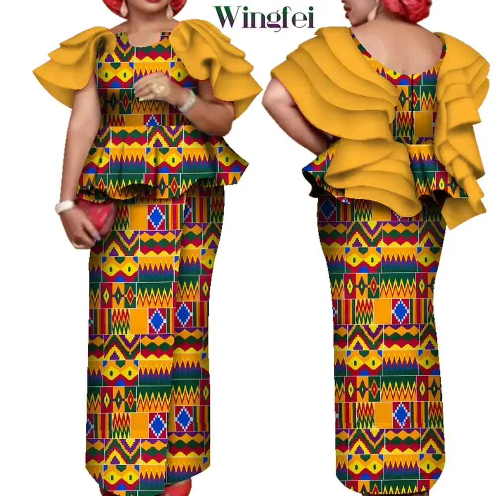 African Women's Clothing Floral Print Ruffle Sleeve Top Shirt and Long Skirt 2 Pieces Set Elegant Dashiki African Clothes Wy7643