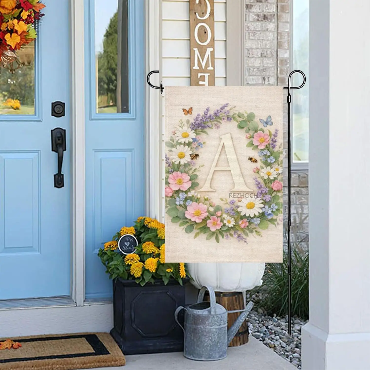 Floral Monogram Letter A Garden Flag 12x18 Inch,Vintage Wildflower Wreath Country Spring Summer Yard Decor,Rustic Farmhouse  IIC