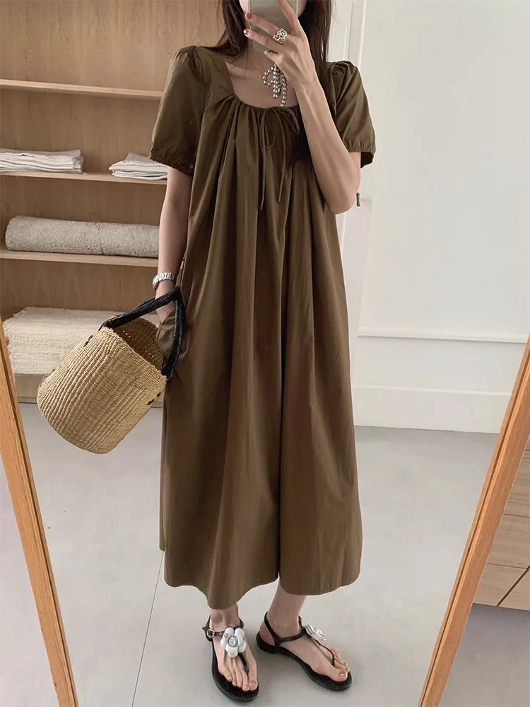 여름 세련된 틈새 빈티지 스퀘어 칼라 리본 주름진 느슨한 중간 길이 퍼프 슬리브 드레스 여성 복고풍 패션