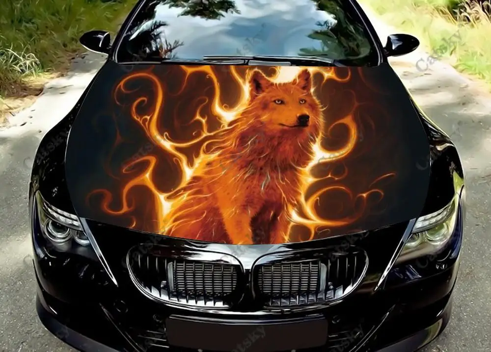 Custom Animal Fire Wolf Car Hood Protect Vinly Wrap Sticker Decal Auto Accessories Decoration Engine Cover for Off-road Pickup