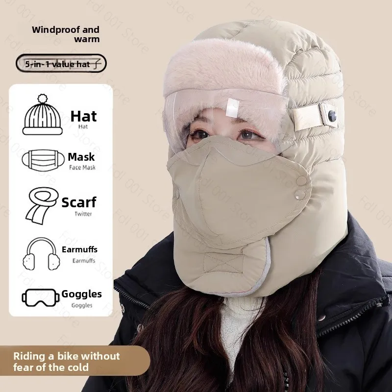 Men Women Winter Lei Feng Hat Windproof Full Face Mask Warm Fleece Lined Cap for Electric Scooter Riding Cold Protection