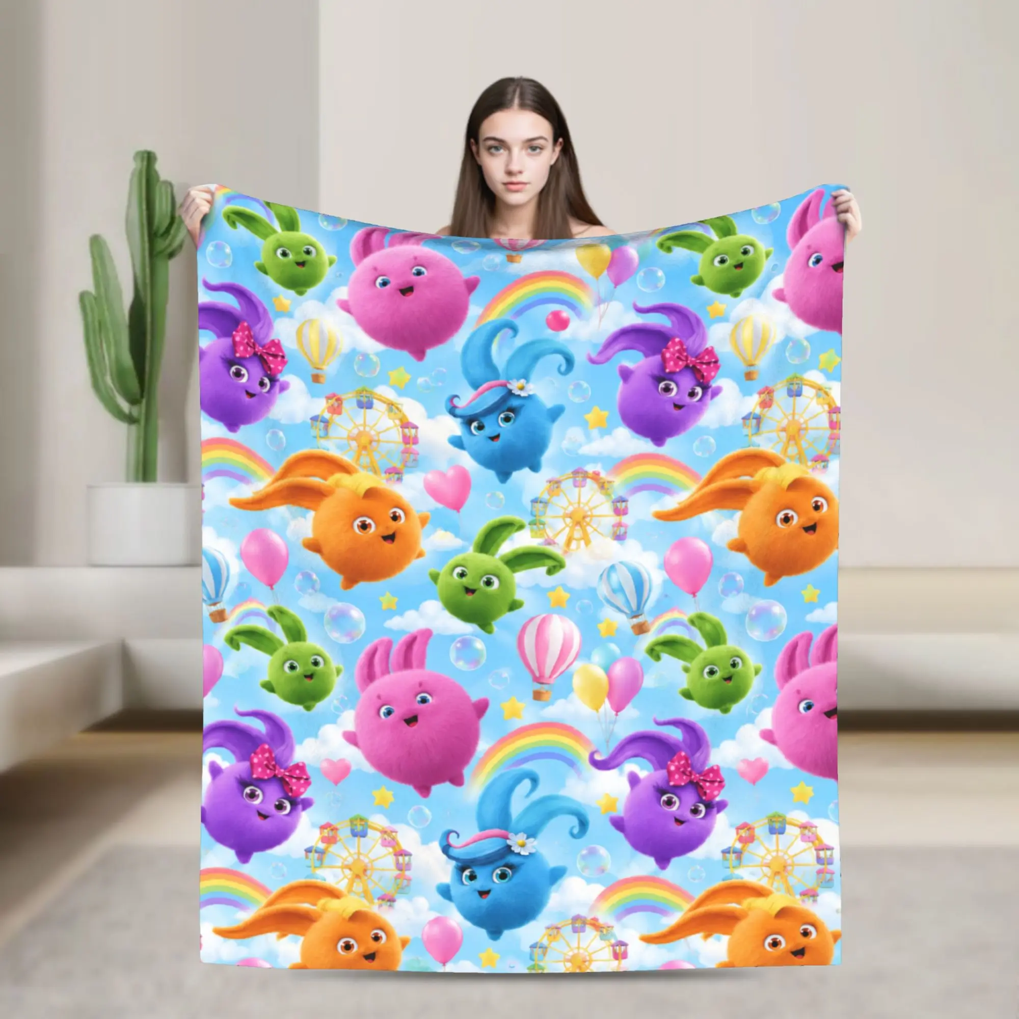 Sunny Bunnies Rainbow Balls Warm Soft Blankets Plush Throw Blanket Fashion Couch Chair Flannel Bedspread Sofa Bed Cover