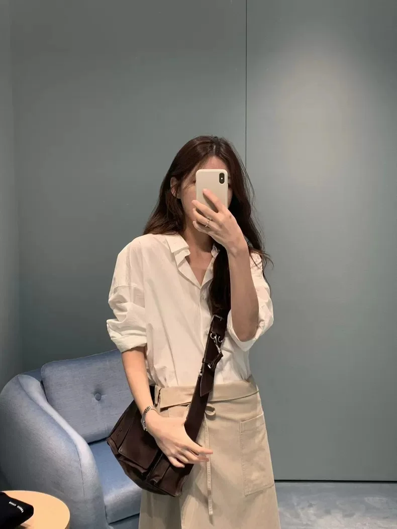 

Loose Women's Pure Color Shirt Collared Sun Protection Casual Wear Versatile Top Dongda Gate Style Long Sleeve Cotton Blend