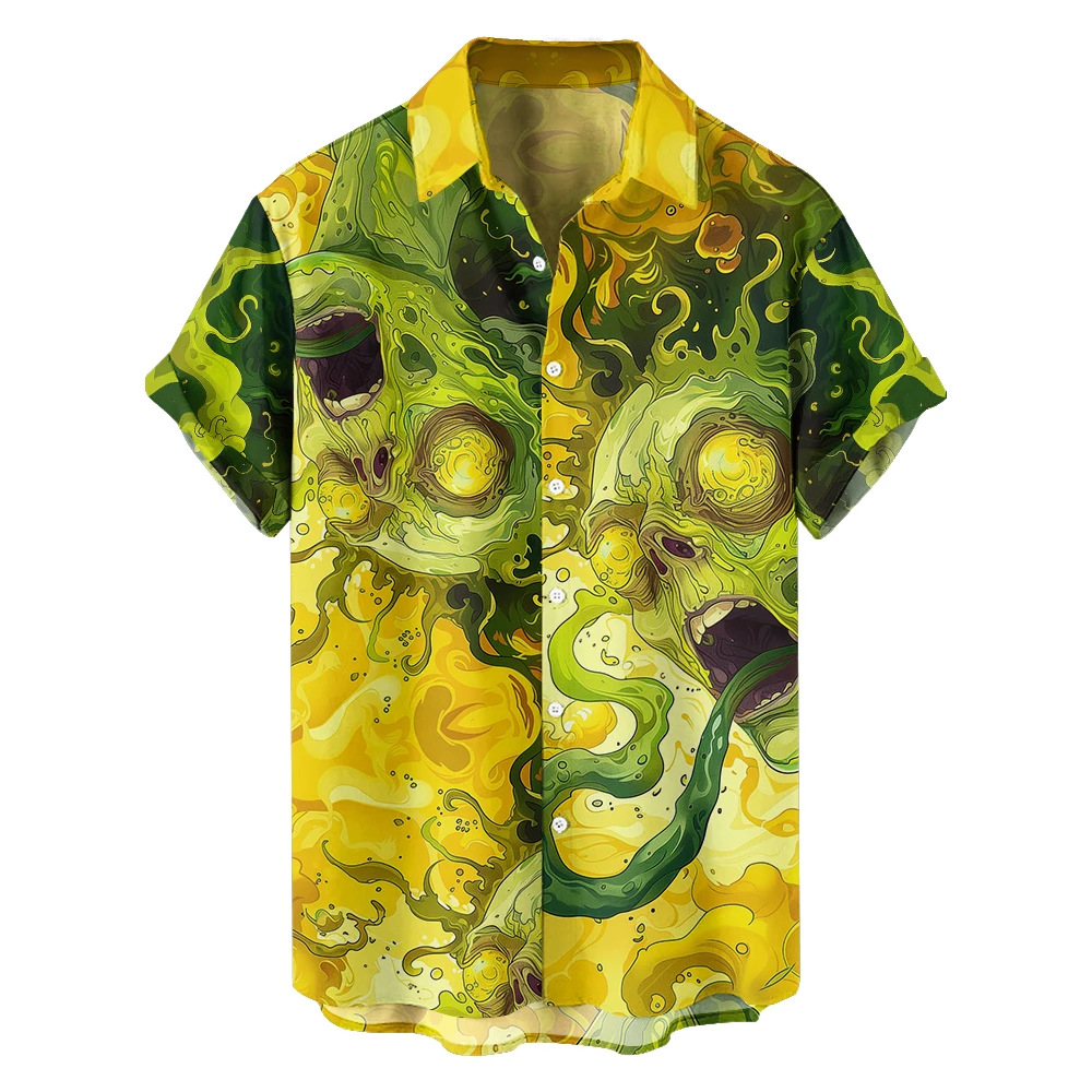 2024 new Hawaii Men's shirts plus size Halloween comics zombies in liquid printed clothing casual short-sleeved