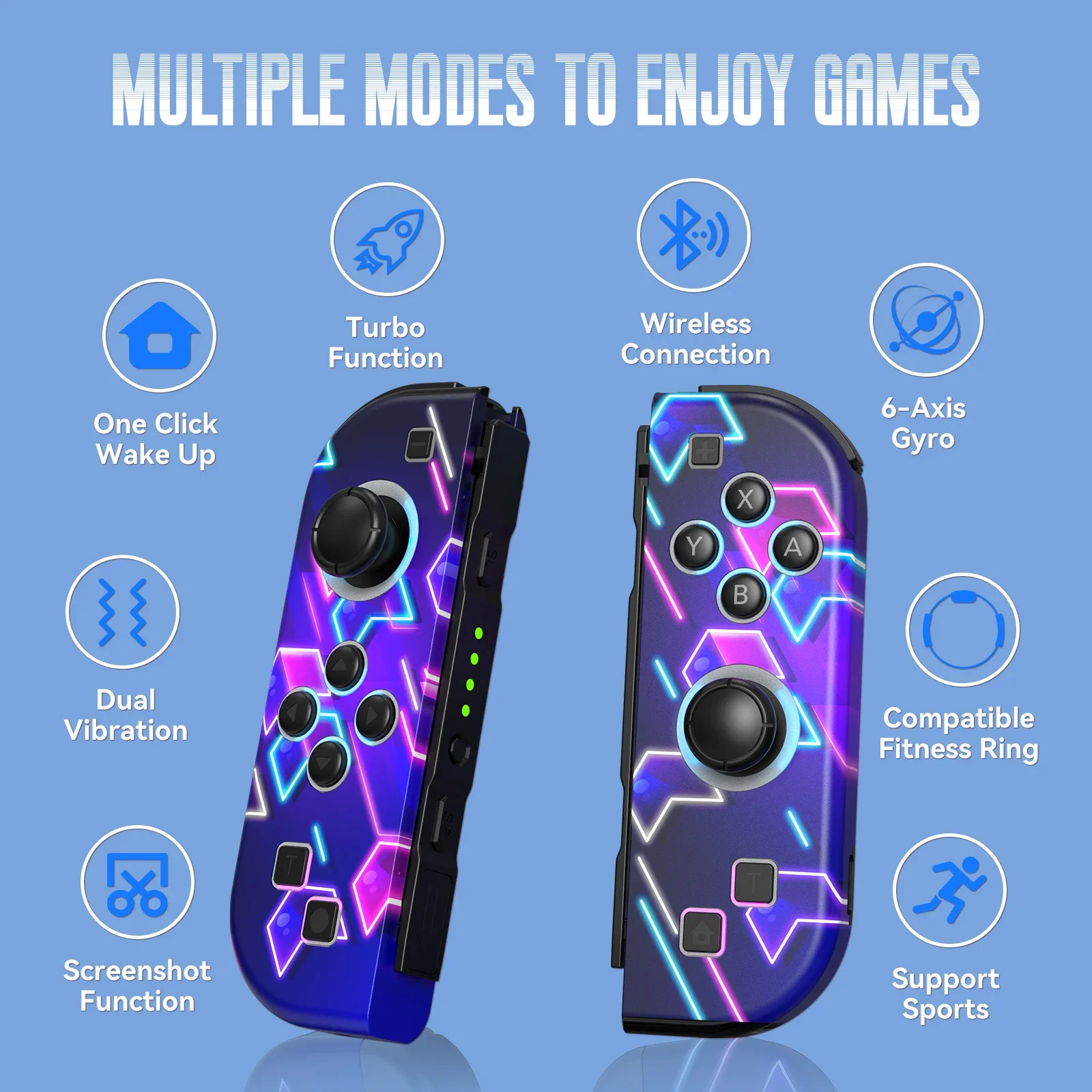 Gamepad untuk Nintendo Switch/OLED/Lite - Joypad LED RGB (L/R), Pengontrol Nirkabel Getaran Ganda Turbo untuk NS Joycon