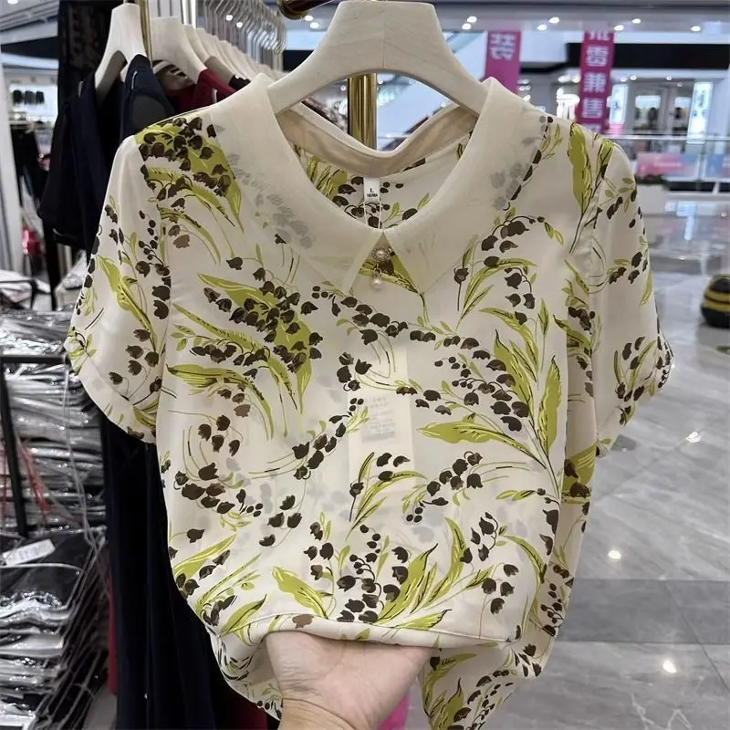 

Flip Collar Printed Chiffon Shirt, Summer Short Sleeved Fashionable Loose Top