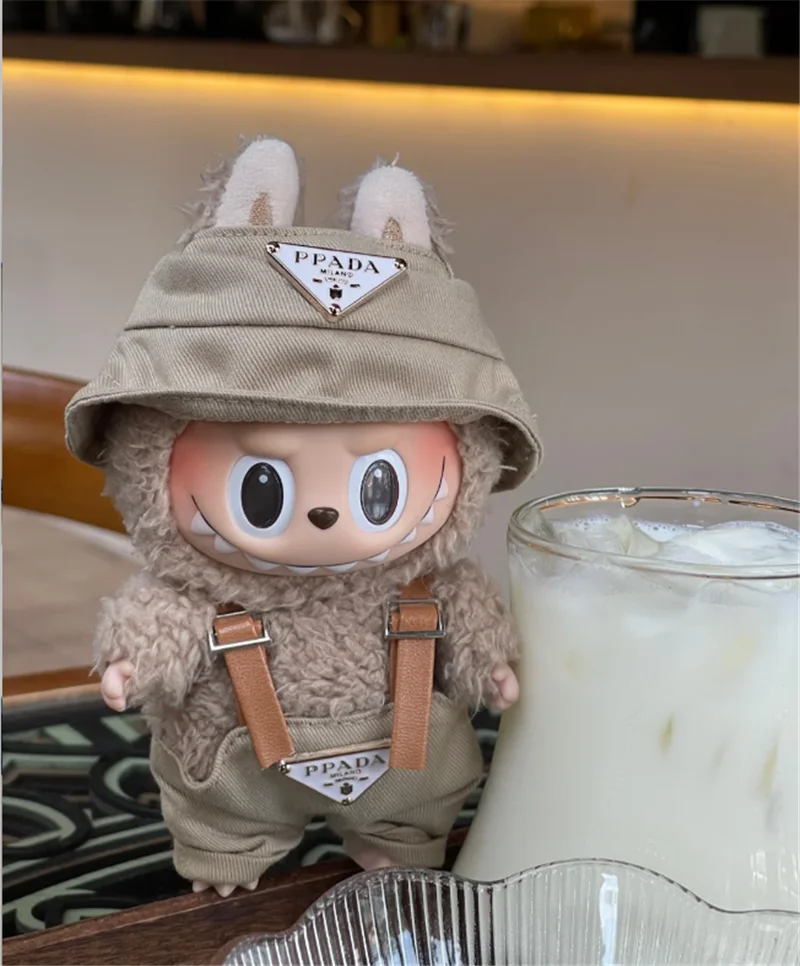 Ropa para muñeca Labubu de 15 y 17cm, monos de pescador Triangel invertido, sombrero de lujo, zapatos, atuendo, ropa, accesorios para fiesta sentada