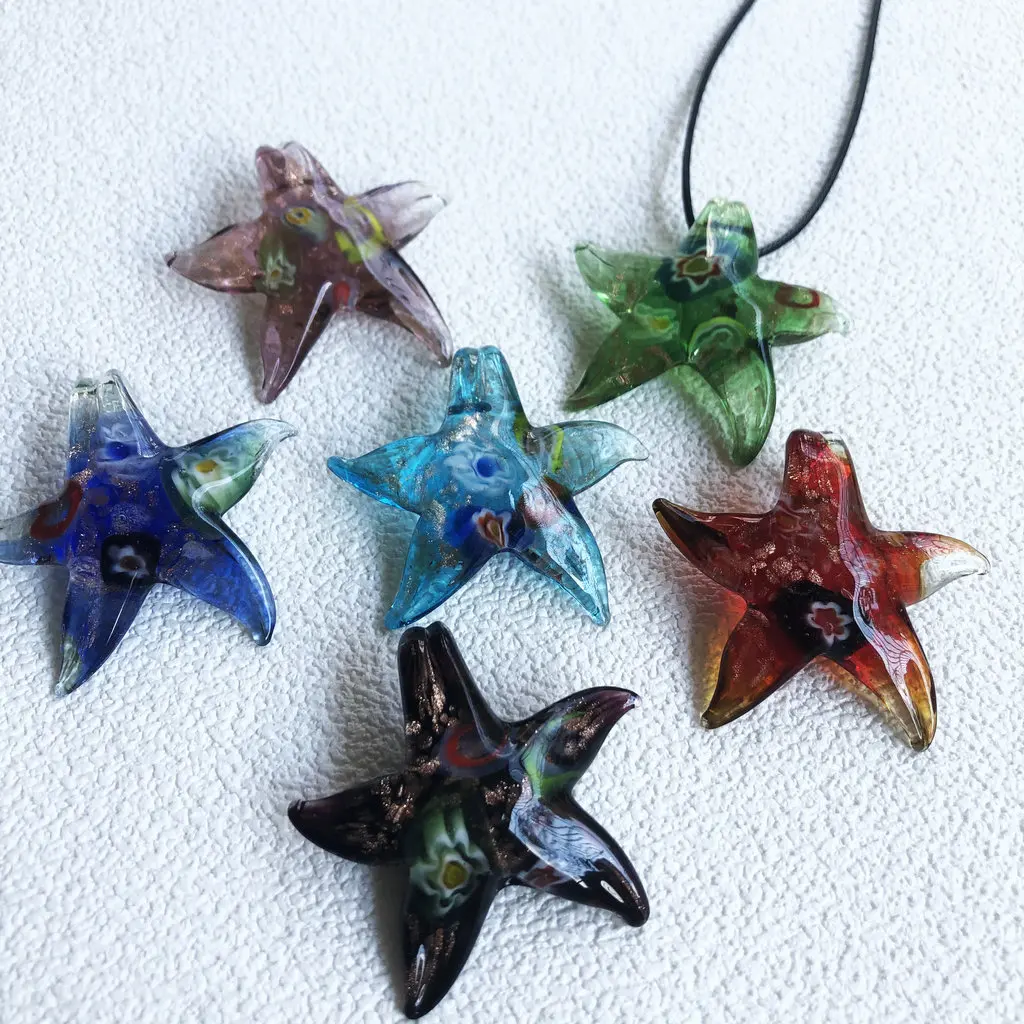 1pc Creative Painting Art Starfish Interior Flower Glass Pendant Necklace with Multiple Colors Available: Red, Blue, Purple, Dee