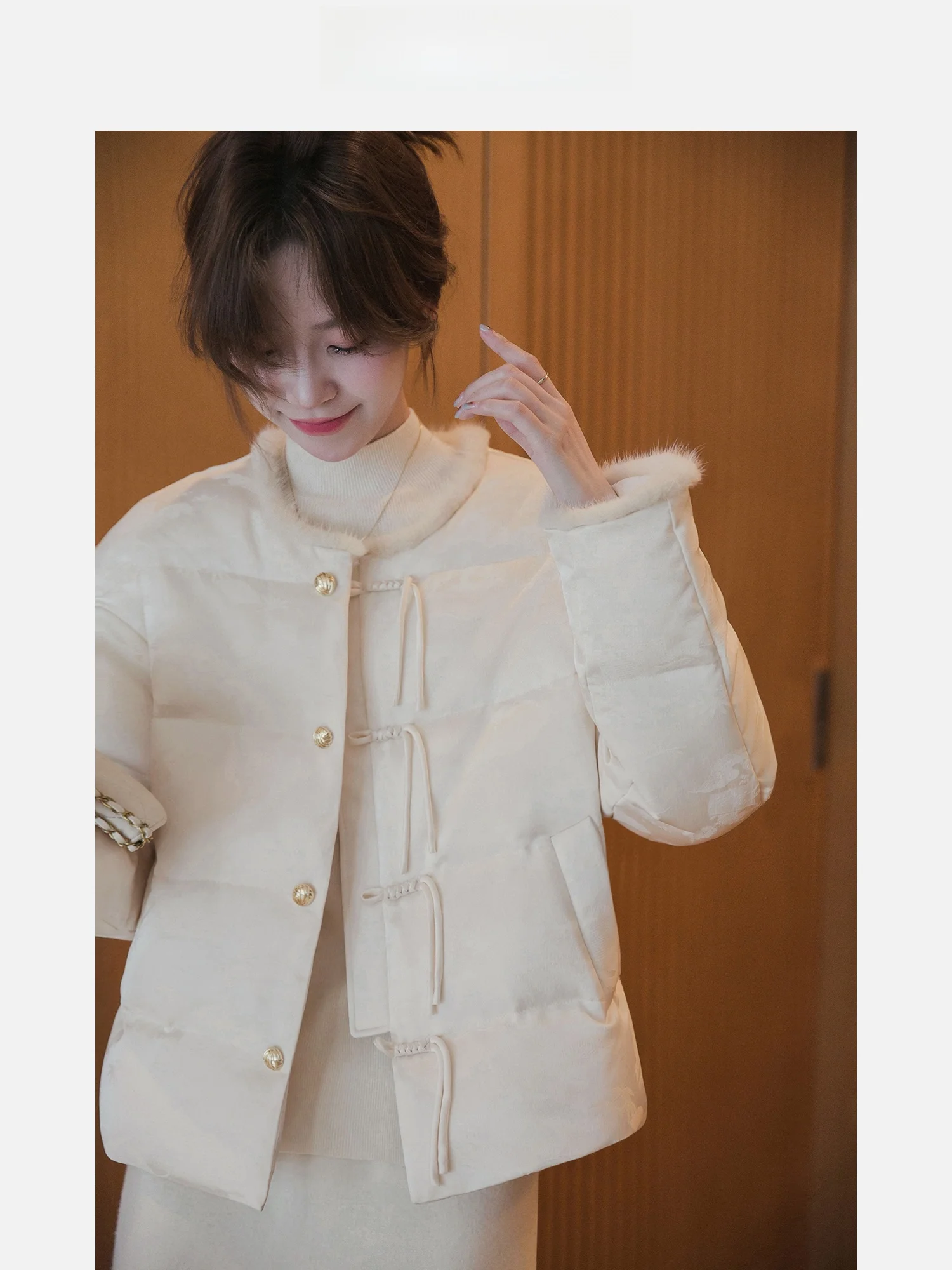 

Winter ort White Du down Fur Coat Women's round Ne Button up Jaet Warm Polyester Fiber Commute Sle Korean Version