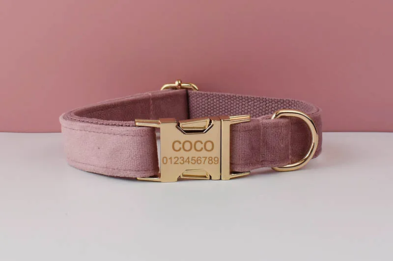 Hellviolettes Samt-Hundehalsband und Leinen-Set für Hunde, individuell graviertes Namensschild, Haustierbedarf, Hundeleine, Velvet05 – Detail 3