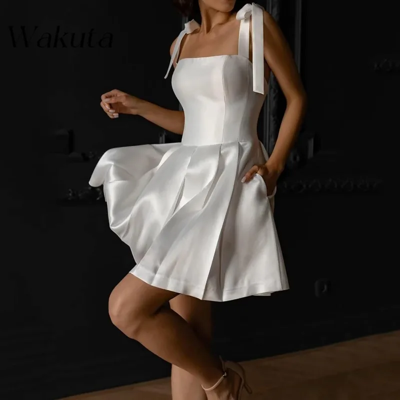 Wakuta Elegant Square Neck Youth Back To School Mini Dresses Off Shoulder Strap Bow Cocktail Vestido Elegante Mujer with Pocket