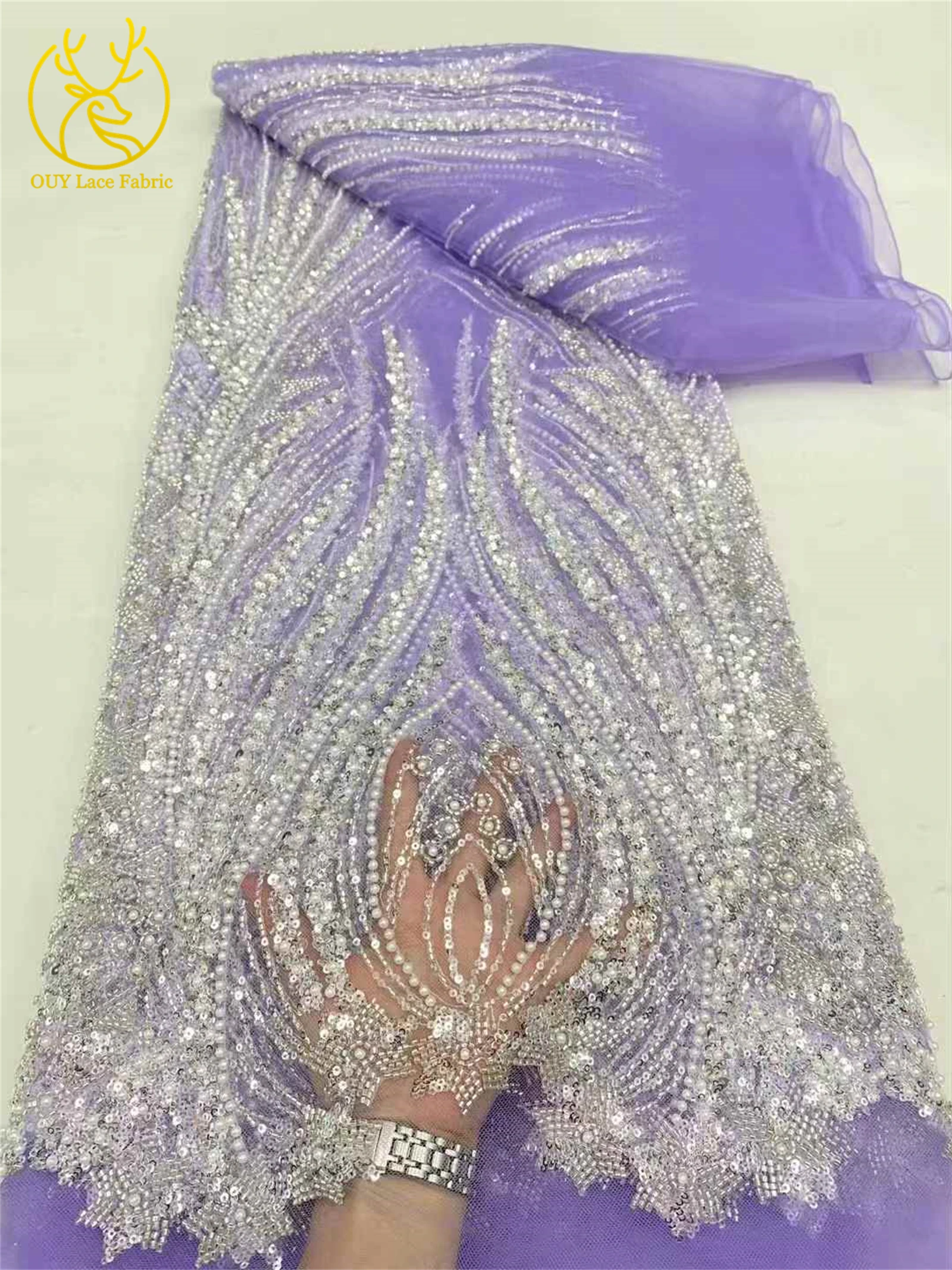 2025 Hot New High-end Luxury French Sequin Beaded Lace Fabric African Nigerian Groom Embroidery Fabric Wedding Material 5 Yards