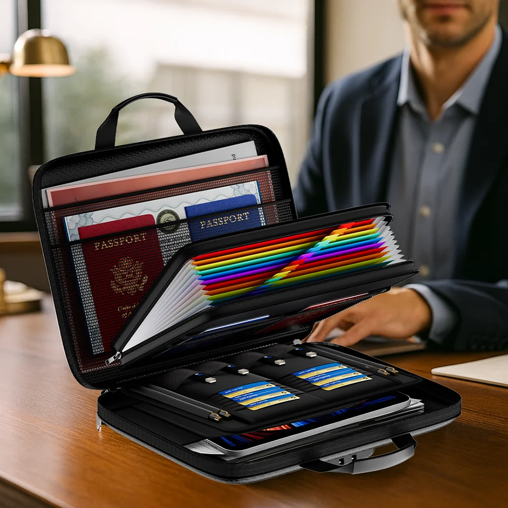 Fire-Resistant Document Bag with 12 Expandable Pages, Hard-Sided Storage Bag Back to School Season Storage, Document Storage Bag
