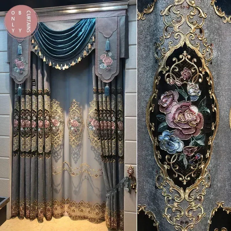 High Grade Blackout Gray Blue Embroidered Chenille Curtains for Living Room Bedroom Embroidered Tulle Custom Valance Villa