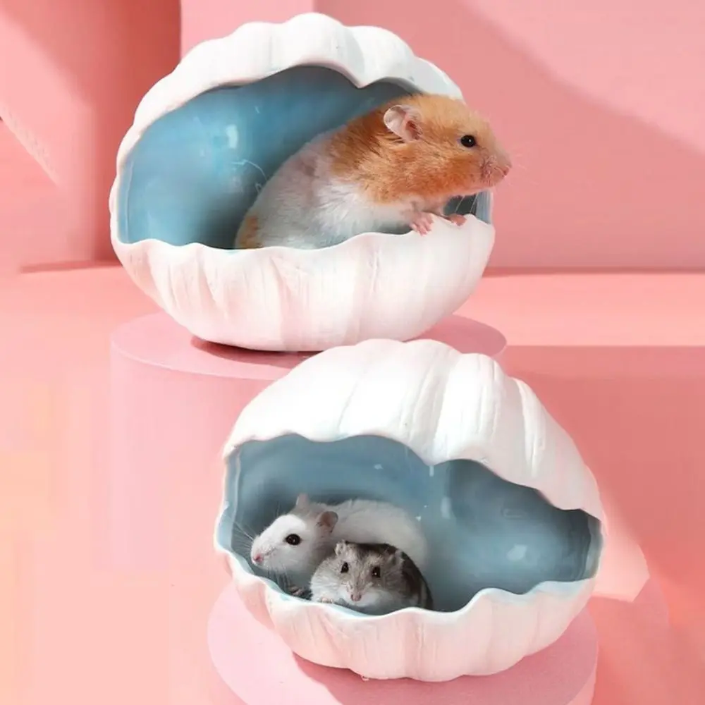 Concha de pecera para paisajismo, nido de cerámica para hámster, refugio refrescante para mascotas de dibujos animados, casa oculta creativa y bonita para mascotas, verano