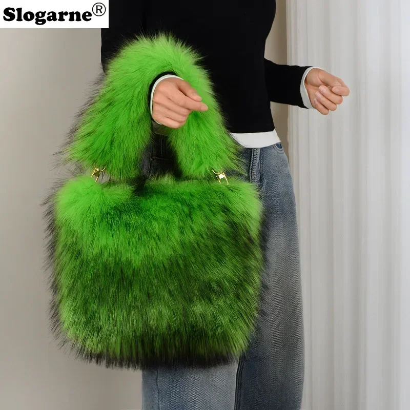 Colorful Raccoon Fur Bags Women New Faux Fur Handbag Girls Cute Tote Bags 2025 Winter Warm Soft Fluffy Top Handle Shoulder Bags