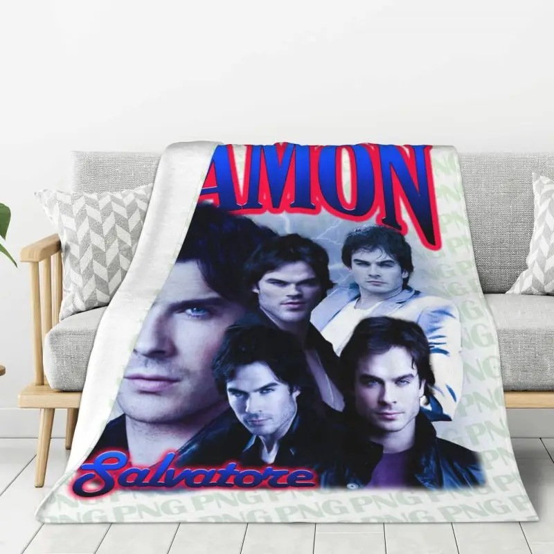 Custom Damon Salvatore Blanket Warm Fleece Soft Flannel The Vampire Diaries Throw Blankets for Bedroom Couch Car Spring Autumn