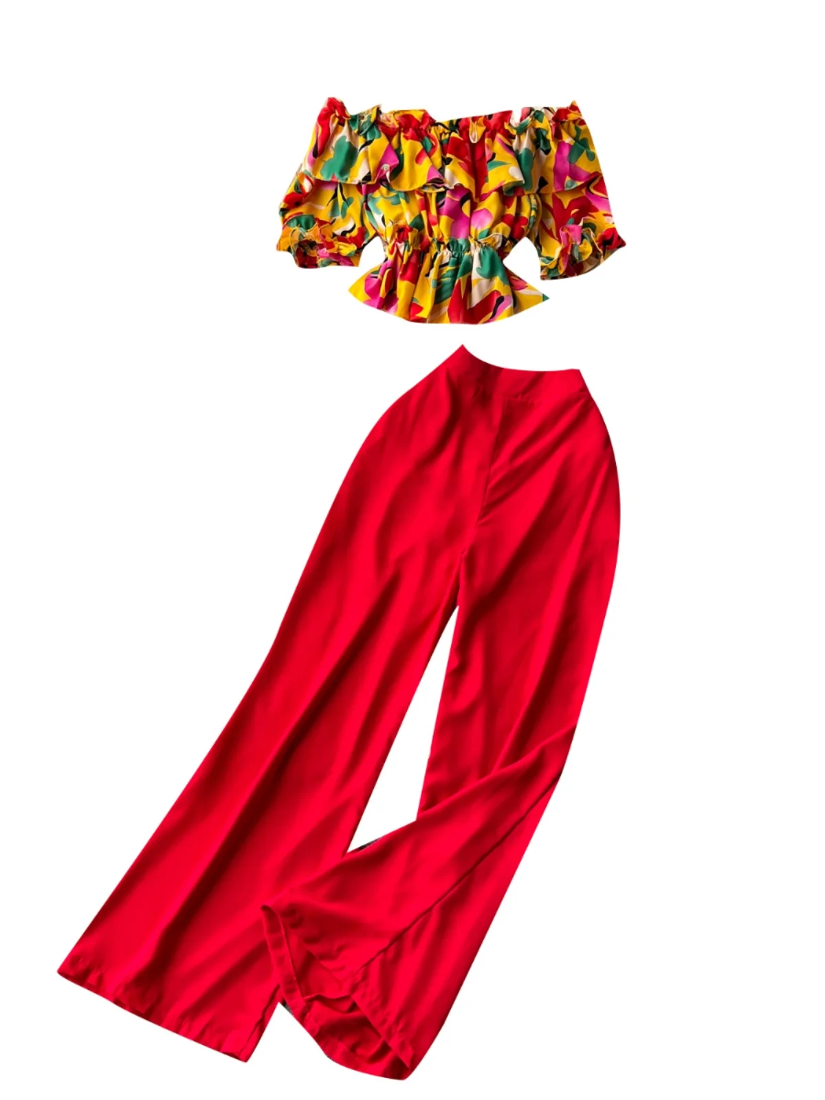 Conjunto de dos piezas de blusa con estampado floral estilo coreano y plones de pierna ancha, conjunto de moda adeazant...