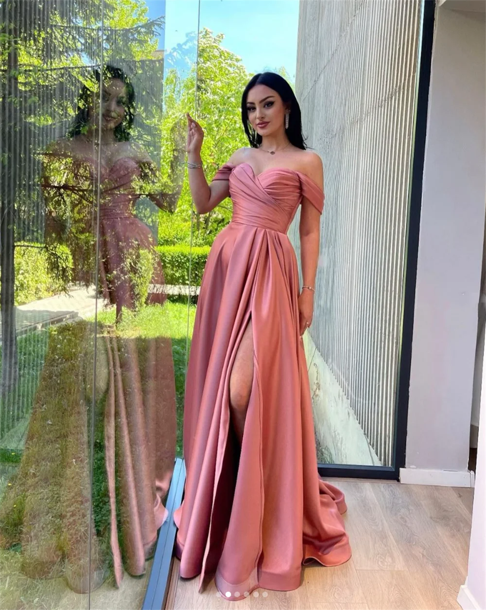 Annie Pink Prom Dress Satin Off The Shoulder Evening Dresses Women's Wedding Formal Occasions Dresses Robes De Soirée