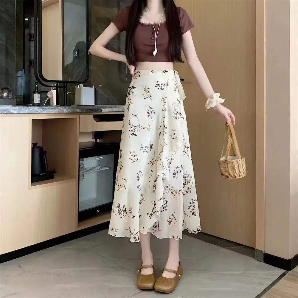 Sun Protection Ruffle Floral Skirt Women'S Sweet Style Beach Skirt Asymmetrical Hemline Bell Sleeve Chiffon Wrap Skirt 2026
