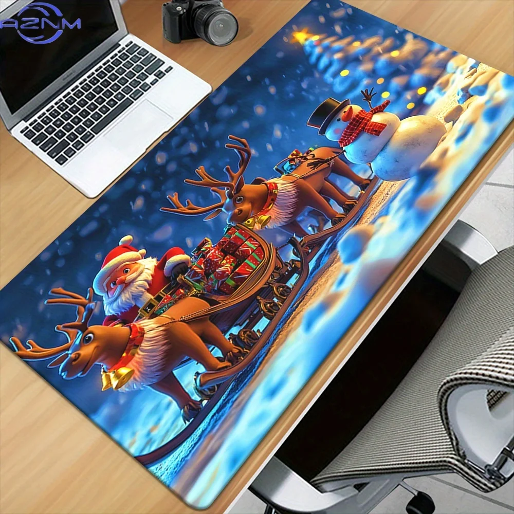 1pc XXL Christmas Mouse Pad, Santa Elk Sleigh & Snowman Design, HD Printed Rubber Desk Mat, Multi-Functional Gaming & Office PC
