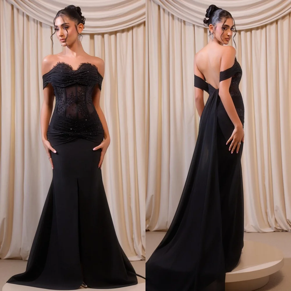 

Customized Jersey Sequined Beading Draped Pleat Mermaid Off-the-shoulder Long Dresses Bespoke Occasion Dresses Exquisite Retro