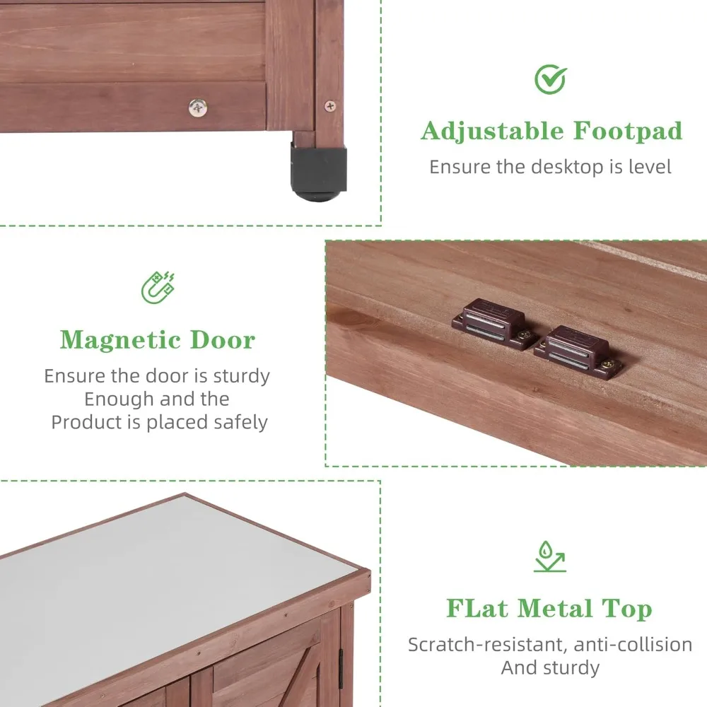 Ławka do doniczek na zewnątrz z szafką do przechowywania i metalowym blatem, stacja robocza z drewna na patio na świeżym powietrzu, w ogrodzie