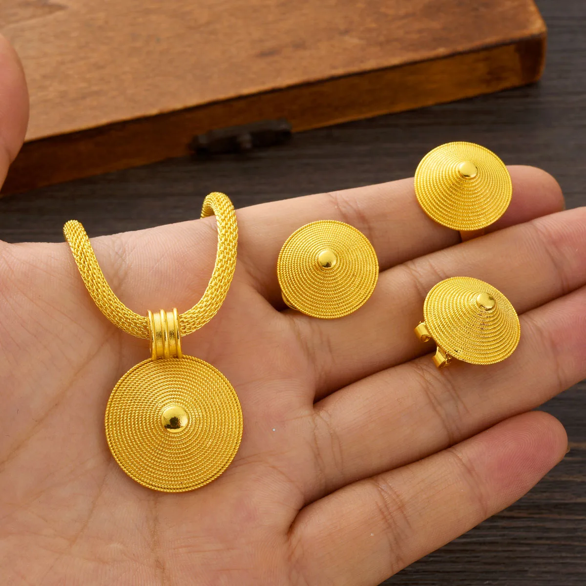 Discount Ethiopian Jewelry Sets Multiple Ring Earring Necklace 3-Piece Set African Eritrean Wedding Engagement Gift #173