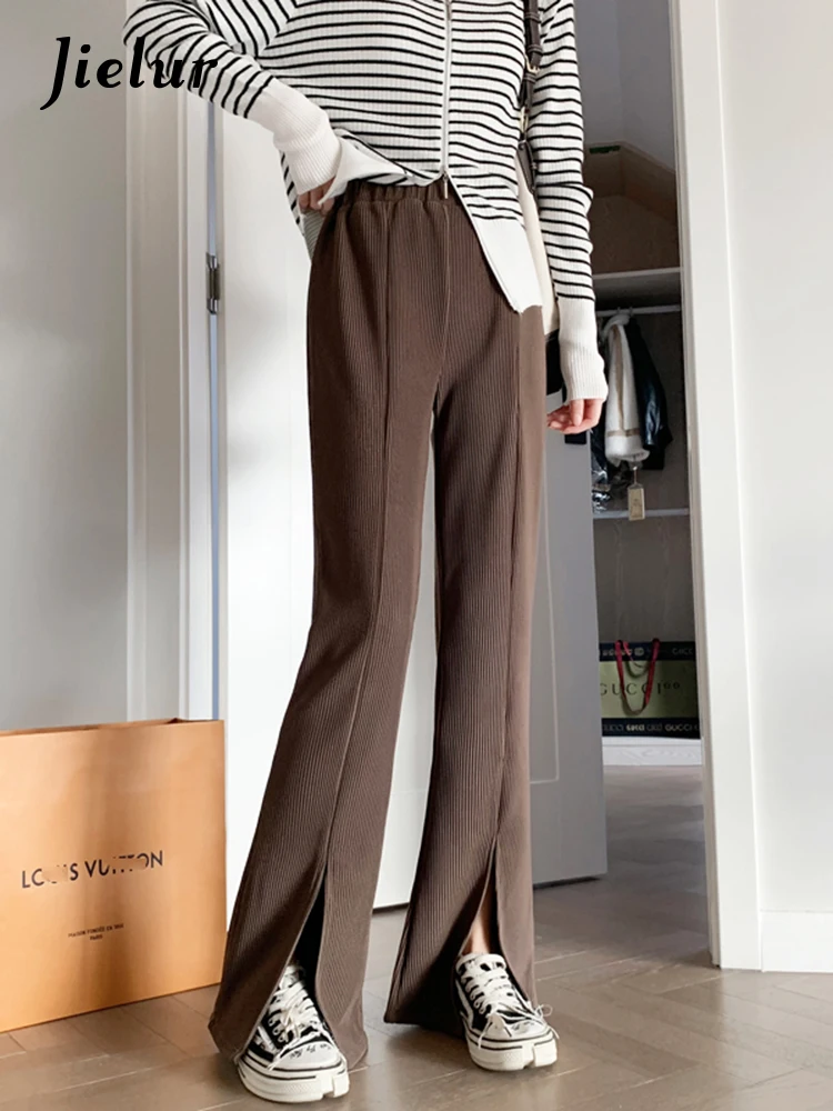 

Jielur High Street Chic Split Skinny Flare Pants for Women Black Elastic High Waist Trousers Summer Simple Lady Suit Pants