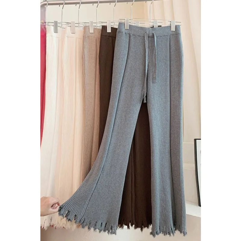 ハイウエストのややフレアしたタッセルファー付きニットワイドレッグパンツ、秋のピットストリップドレープフロアーモービングフレアパンツ（女性用）