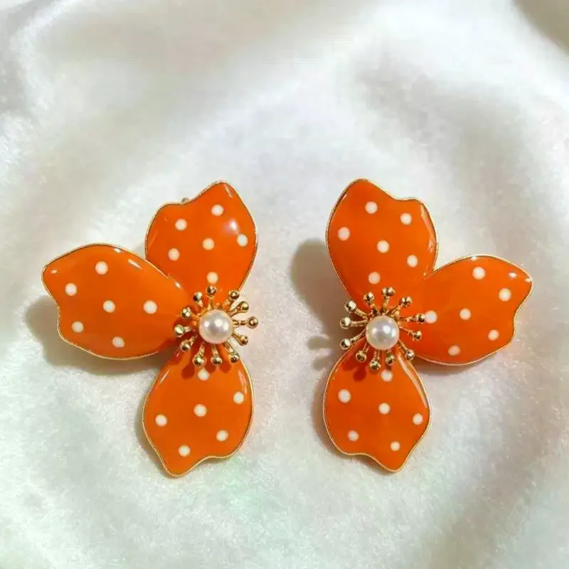 Orange Polka Dot Flower Stud Earrings: Faux Pearl Center Gold Edged Design Daily Wear Vacations Parties