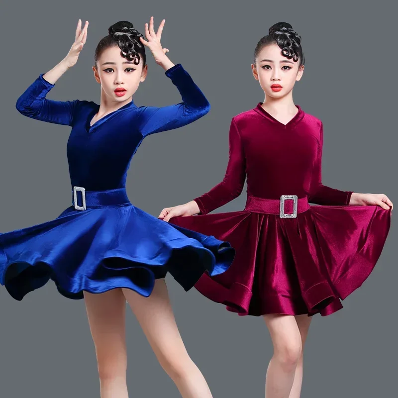 Girls' Latin dress girl show dance dresses girls clothes Children's autumn and winter long sleeve one-piece training clothes