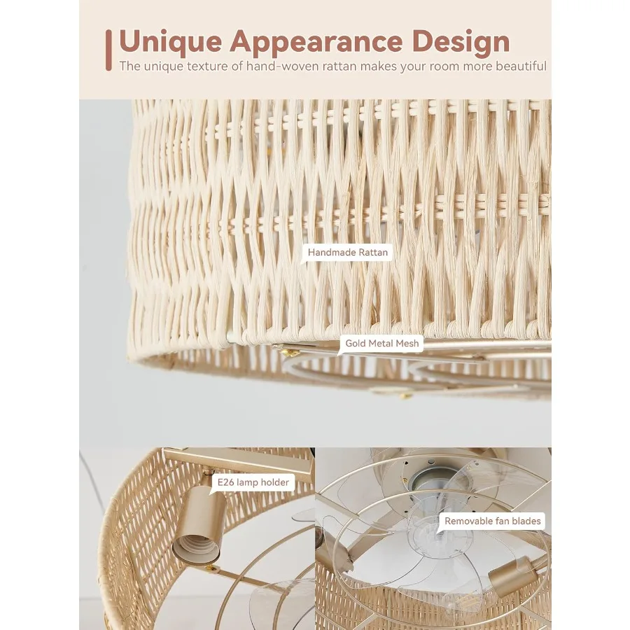 مراوح سقف منخفضة المستوى مع أضواء 20 مروحة سقف بوهو راتان مع حامل خفيف وأسطوانة تحكم عن بعد محبوسة بـ 6 سرعات